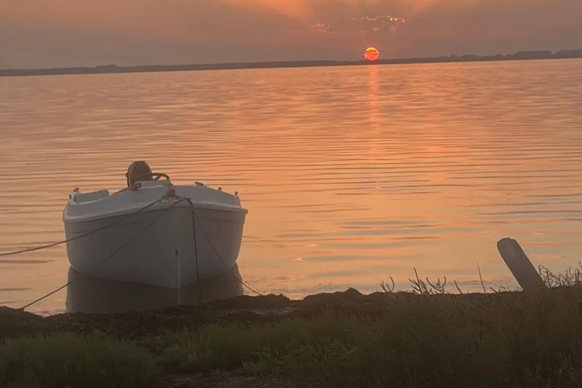 Une barque blanche amarrée au bord de l'étang, face au soleil couchant